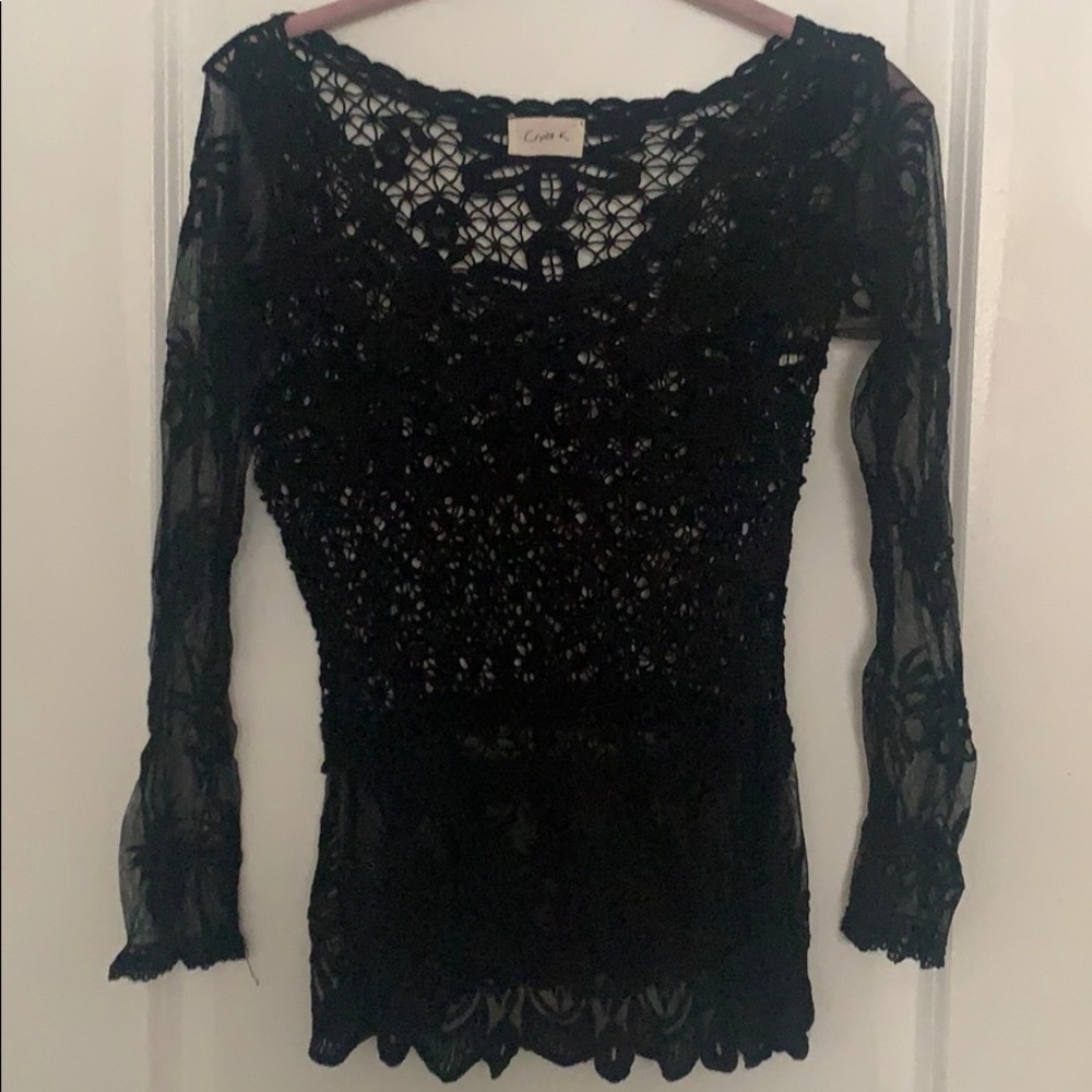 Long Sleeved Black Crochet Lace & Mesh Top
